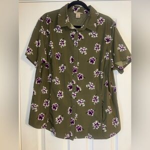 Duluth Womens Buttonup Hiking Shirt 1X Green Purple Floral Vented Short Sleeve